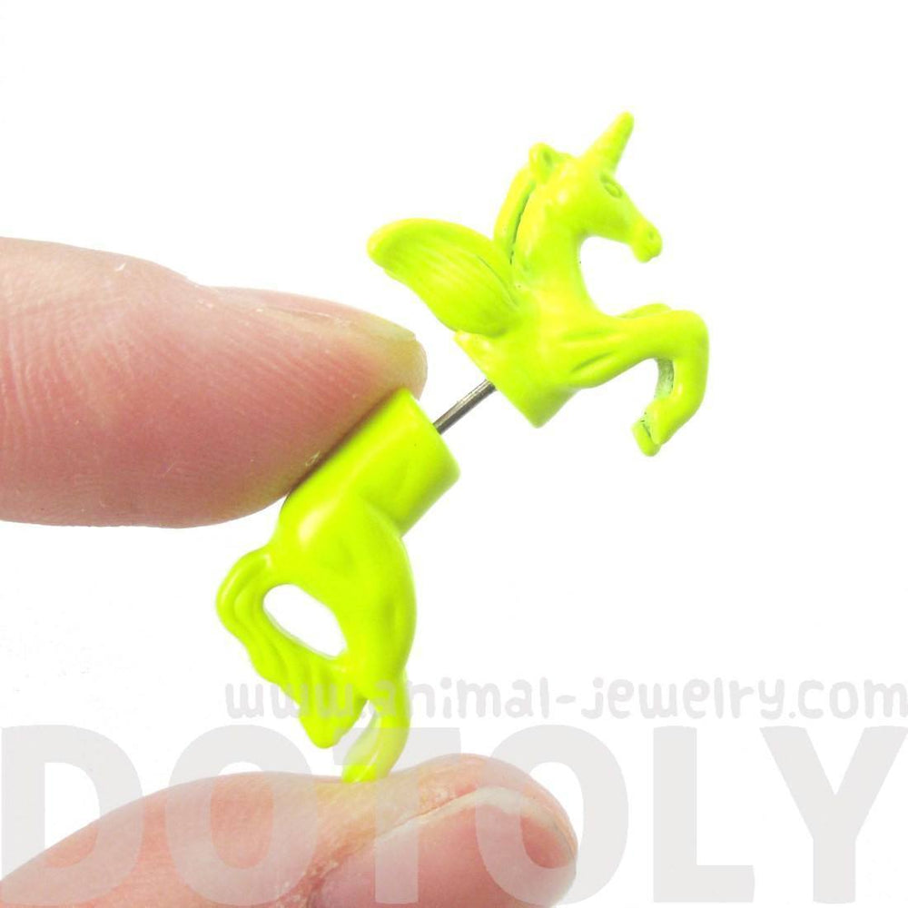 Fake Gauge Earrings: Mythical Unicorn Horse Animal Front and Back Stud Earrings in Neon Yellow | DOTOLY