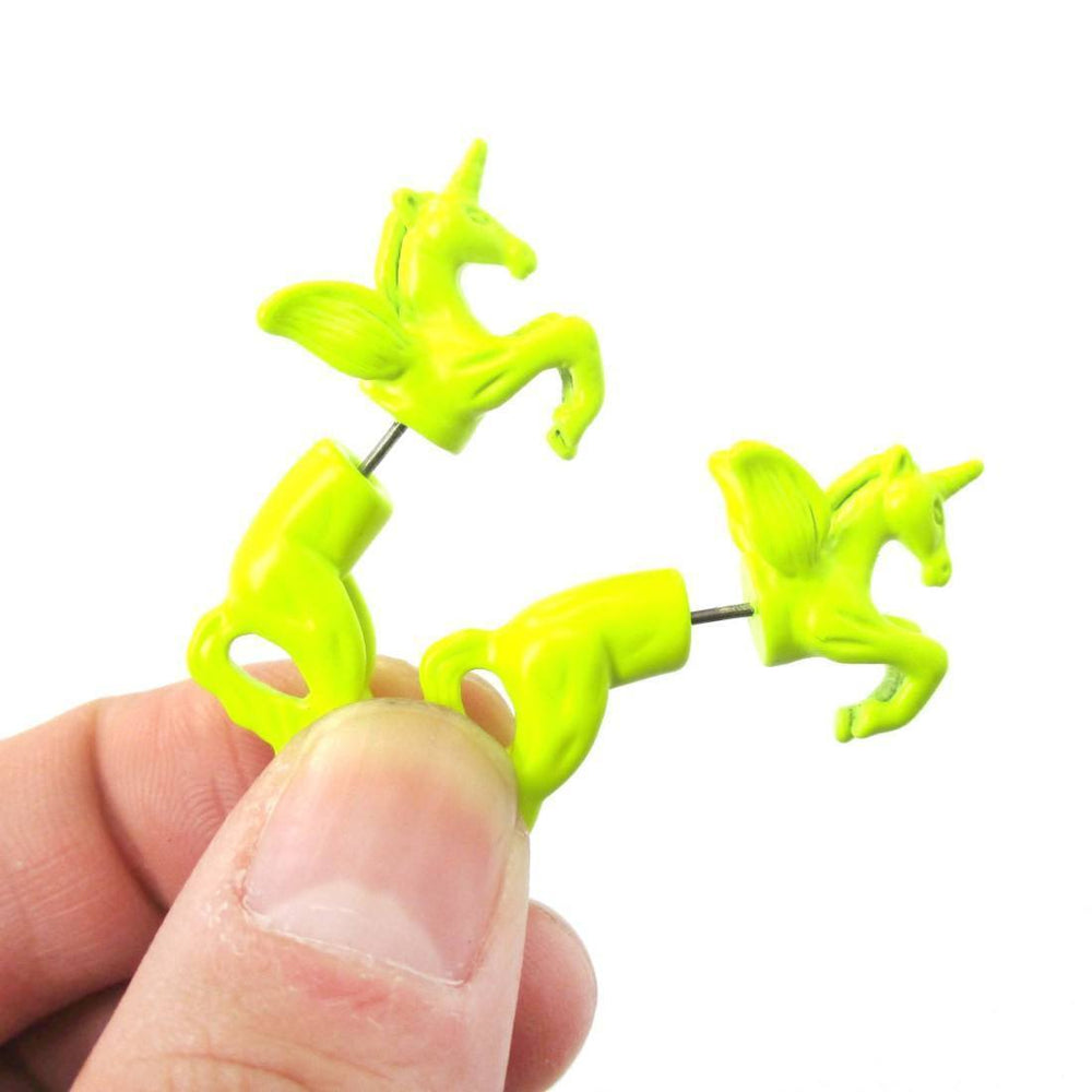 Fake Gauge Earrings: Mythical Unicorn Horse Animal Front and Back Stud Earrings in Neon Yellow | DOTOLY