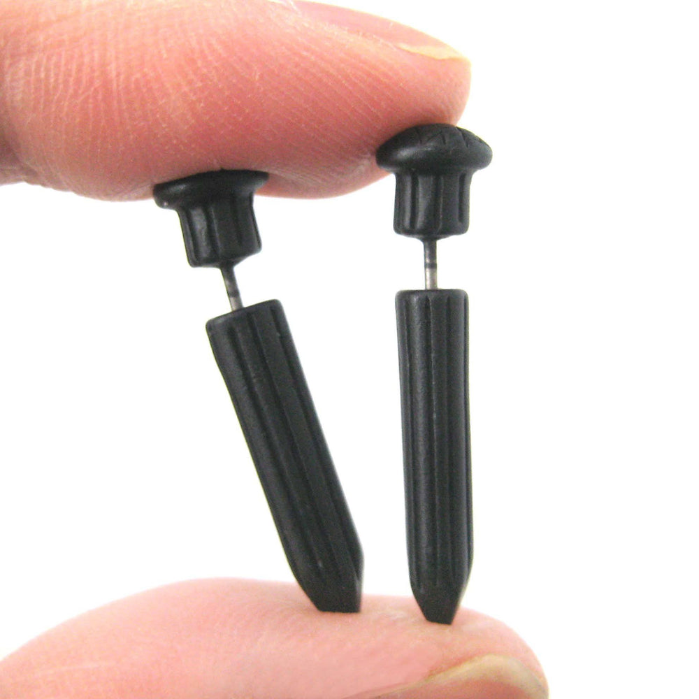 Fake Gauge Earrings: Nail Spike Stake Shaped Faux Plug Stud Earrings in Black | DOTOLY
