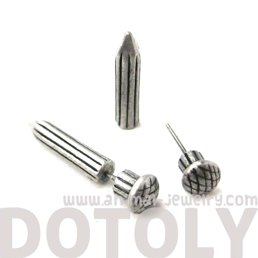 Fake Gauge Earrings: Nail Spike Stake Shaped Faux Plug Stud Earrings in Silver | DOTOLY