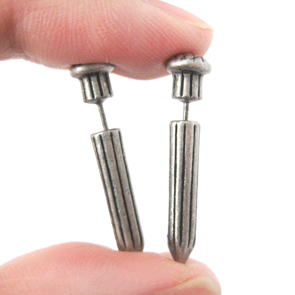Fake Gauge Earrings: Nail Spike Stake Shaped Faux Plug Stud Earrings in Silver | DOTOLY