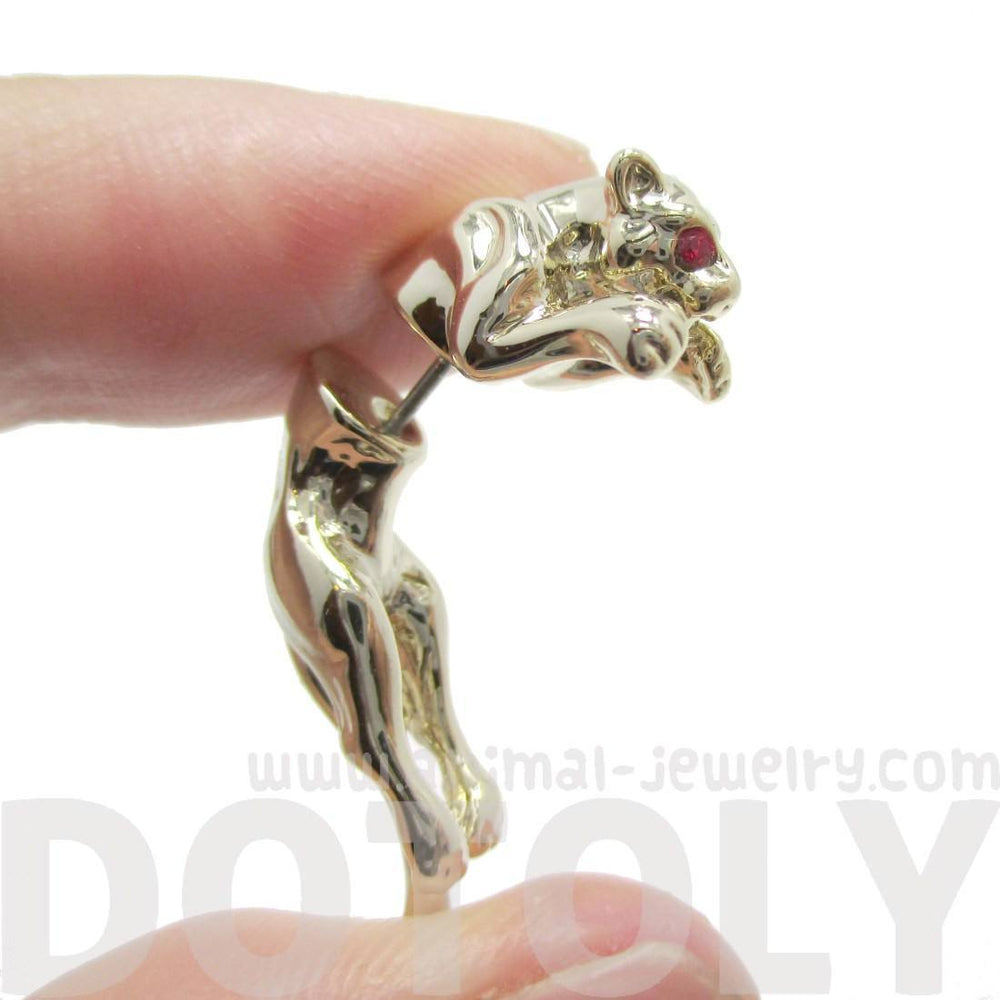 Fake Gauge Earrings: Pouncing Leopard Jaguar Wild Cat Shaped Front and Back Earrings in Gold | DOTOLY