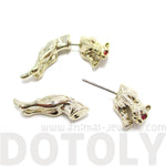 Fake Gauge Earrings: Pouncing Leopard Jaguar Wild Cat Shaped Front and Back Earrings in Gold | DOTOLY