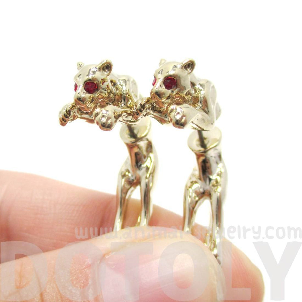 Fake Gauge Earrings: Pouncing Leopard Jaguar Wild Cat Shaped Front and Back Earrings in Gold | DOTOLY