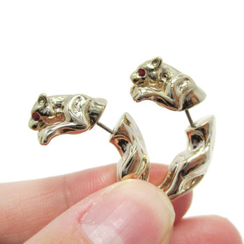 Fake Gauge Earrings: Pouncing Leopard Jaguar Wild Cat Shaped Front and Back Earrings in Gold | DOTOLY