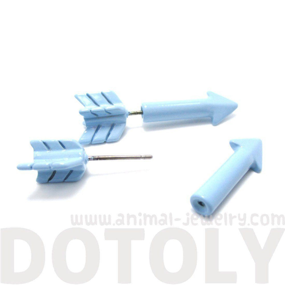 Fake Gauge Earrings: Realistic Arrow Shaped Faux Plug Stud Earrings in Pale Blue | DOTOLY