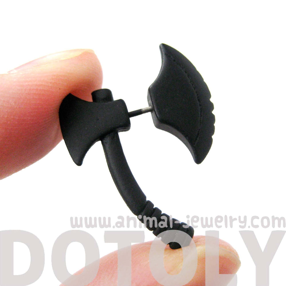 Fake Gauge Earrings: Realistic Axe Shaped Faux Plug Stud Earrings in Black | DOTOLY