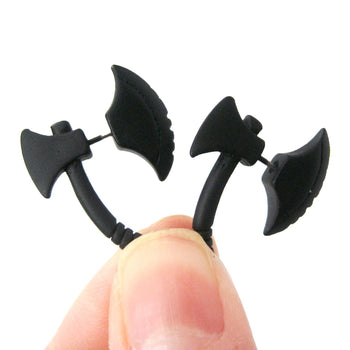 Fake Gauge Earrings: Realistic Axe Shaped Faux Plug Stud Earrings in Black | DOTOLY