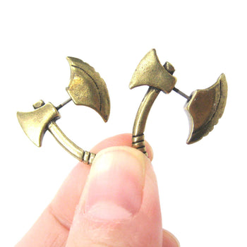 Fake Gauge Earrings: Realistic Axe Shaped Faux Plug Stud Earrings in Brass | DOTOLY