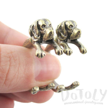 Fake Gauge Earrings: Realistic Beagle Puppy Dog Shaped Two Part Stud Earrings in Brass | DOTOLY