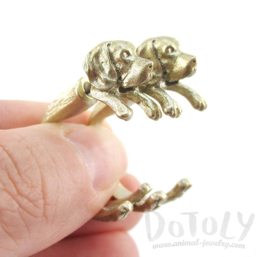 Fake Gauge Earrings: Realistic Beagle Puppy Dog Shaped Two Part Stud Earrings in Gold | DOTOLY