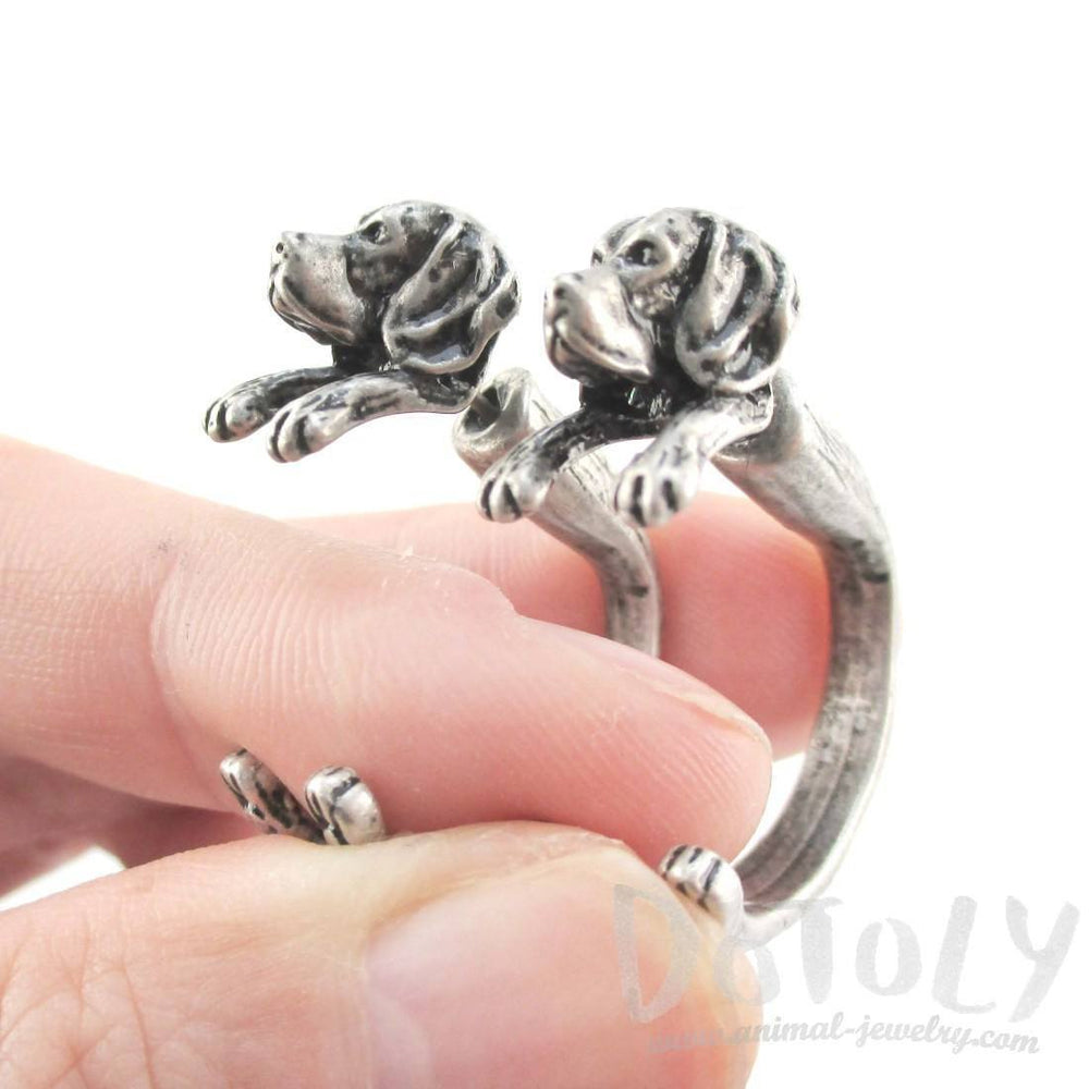 Fake Gauge Earrings: Realistic Beagle Puppy Dog Shaped Two Part Stud Earrings in Silver | DOTOLY