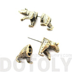Fake Gauge Earrings: Realistic Brown Bear Shaped Animal Themed Faux Plug Stud Earrings in Brass | DOTOLY