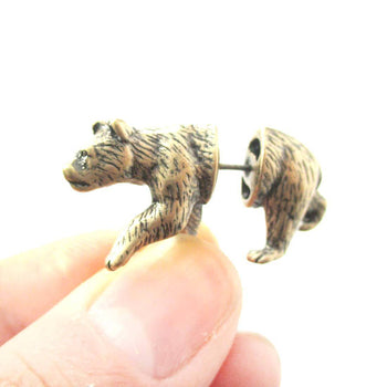 Fake Gauge Earrings: Realistic Brown Bear Shaped Animal Themed Faux Plug Stud Earrings in Brass | DOTOLY