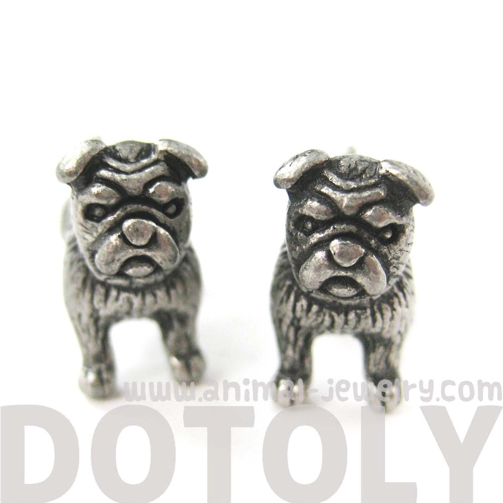 Fake Gauge Earrings: Realistic Bulldog Puppy Dog Animal Stud Earrings in Silver | DOTOLY