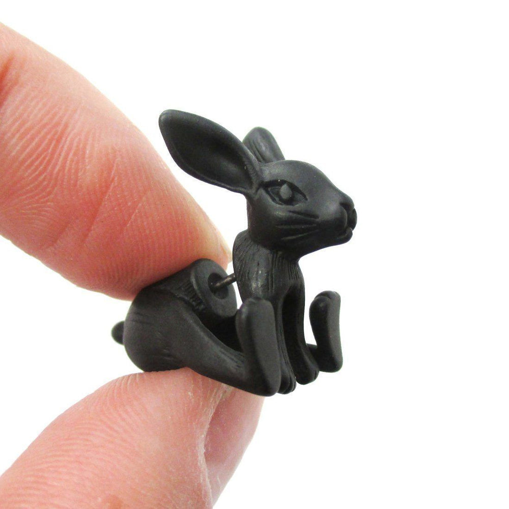 Fake Gauge Earrings: Realistic Bunny Rabbit Animal Shaped Plug Stud Earrings in Black | DOTOLY