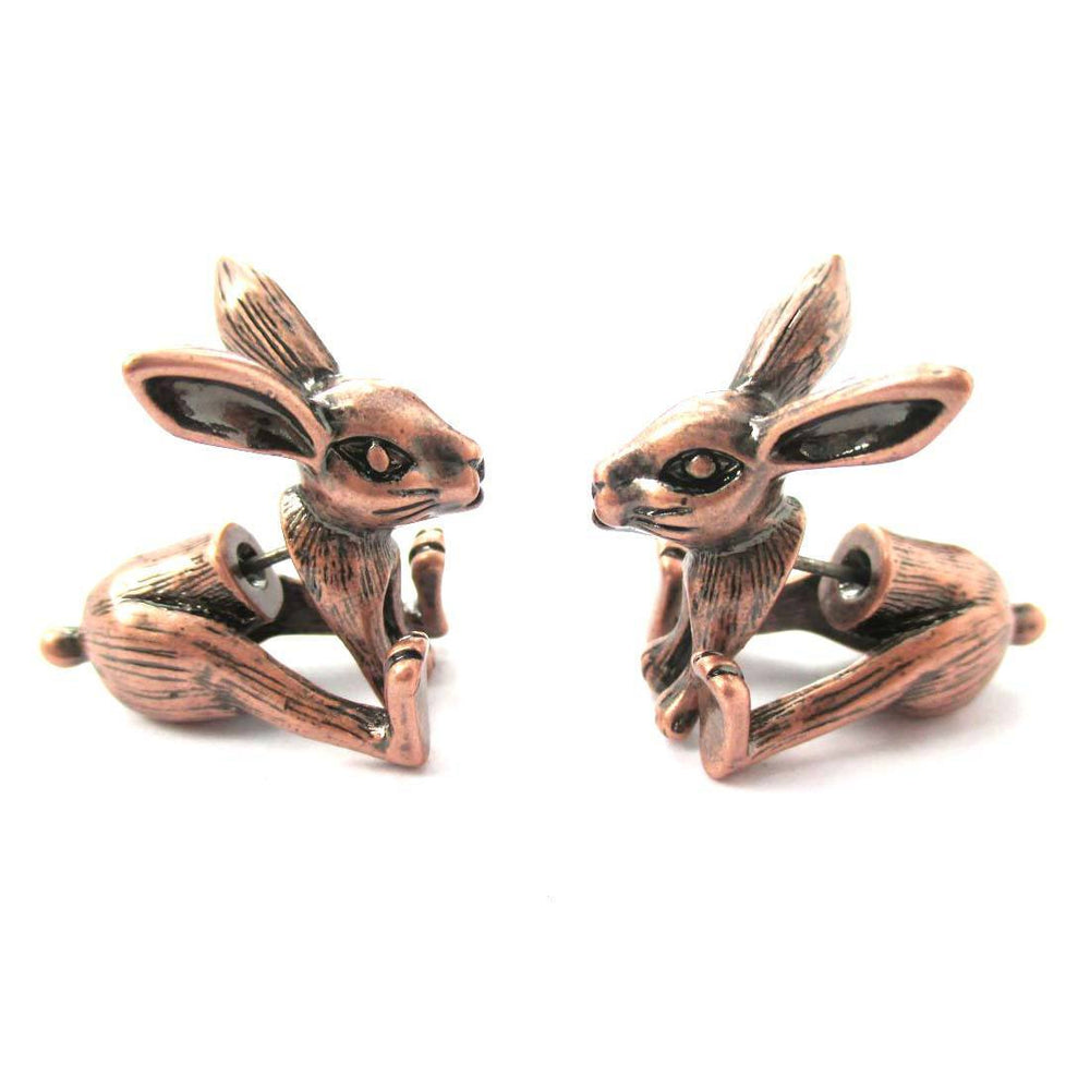 Fake Gauge Earrings: Realistic Bunny Rabbit Animal Shaped Plug Stud Earrings in Copper | DOTOLY