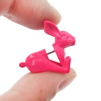 Fake Gauge Earrings: Realistic Bunny Rabbit Animal Shaped Plug Stud Earrings in Neon Pink | DOTOLY