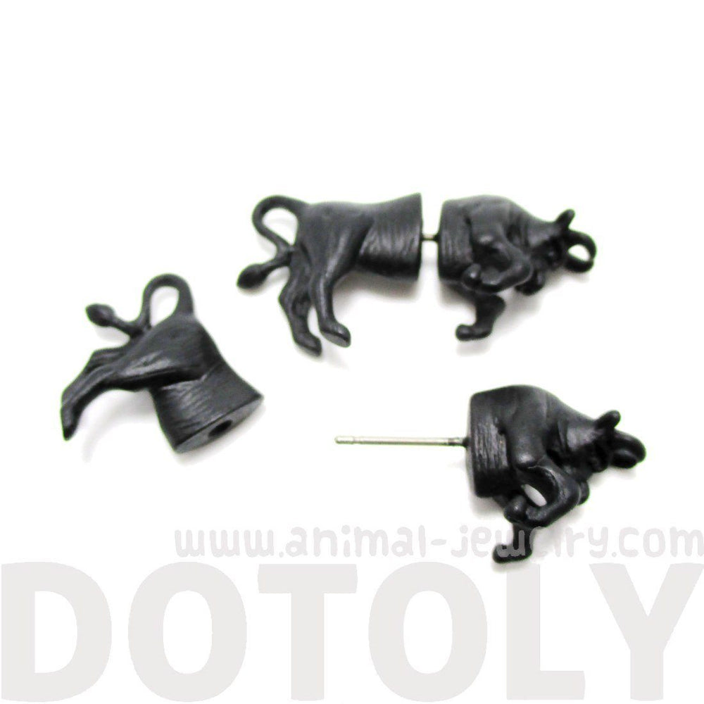 Fake Gauge Earrings: Realistic Cow Bull Shaped Animal Front and Back Earrings in Black | DOTOLY