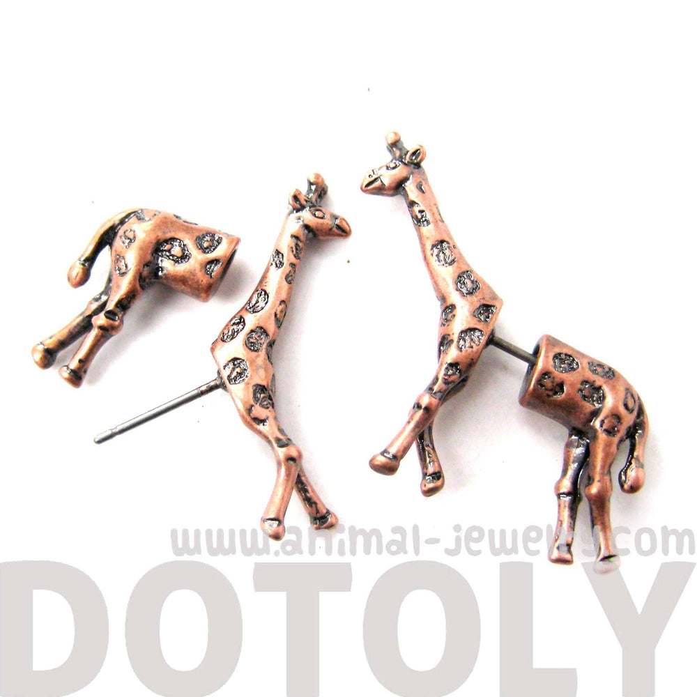 Fake Gauge Earrings: Realistic Giraffe Shaped Animal Faux Plug Stud Earrings in Copper | DOTOLY