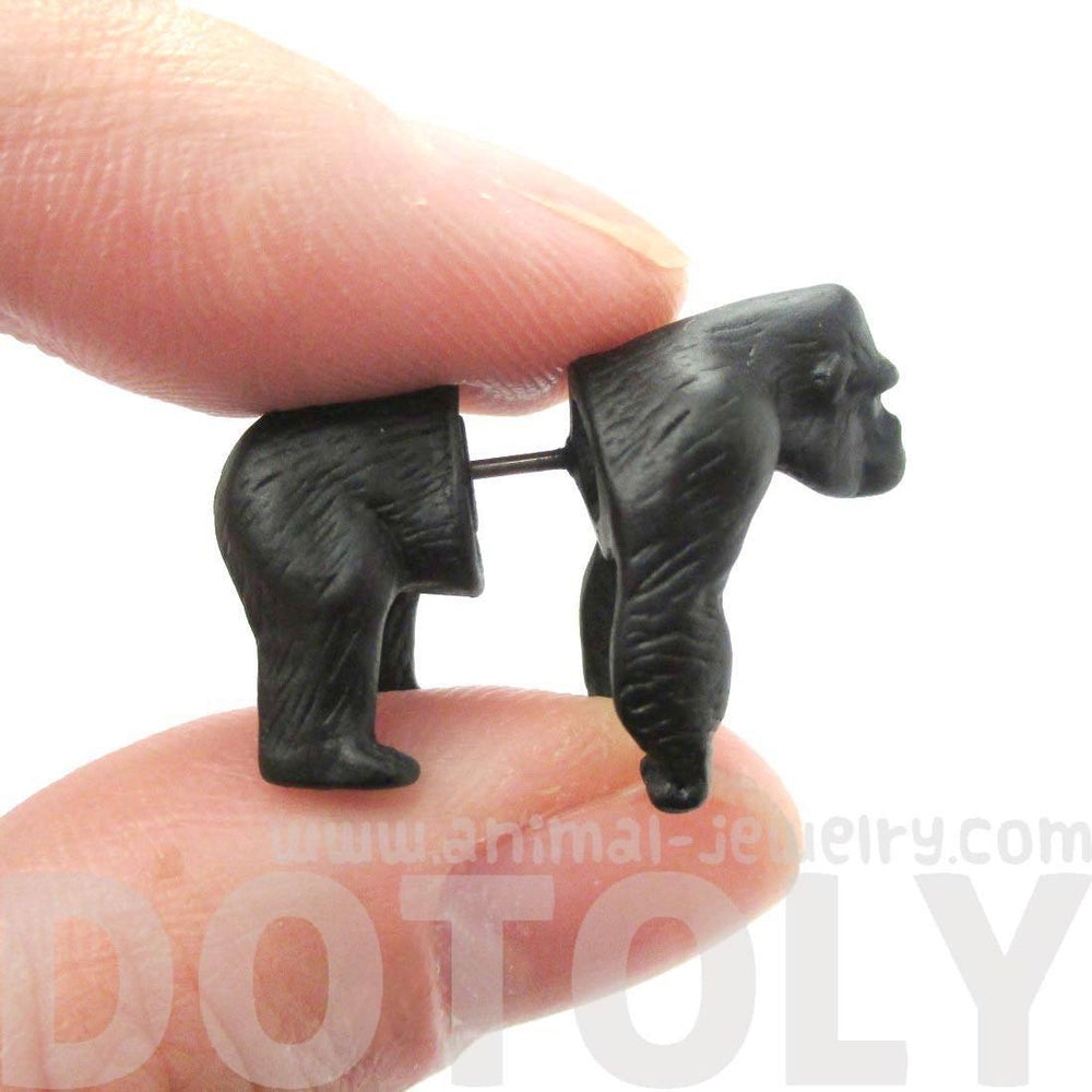 Fake Gauge Earrings: Realistic Gorilla Monkey Shaped Animal Themed Stud Earrings in Black | DOTOLY