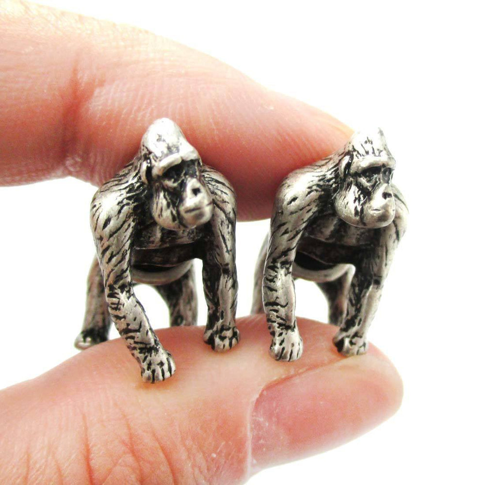 Fake Gauge Earrings: Realistic Gorilla Monkey Shaped Animal Themed Stud Earrings in Silver | DOTOLY