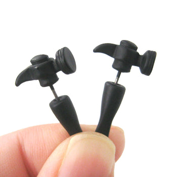 Fake Gauge Earrings: Realistic Hammer Shaped Faux Plug Stud Earrings in Black | DOTOLY