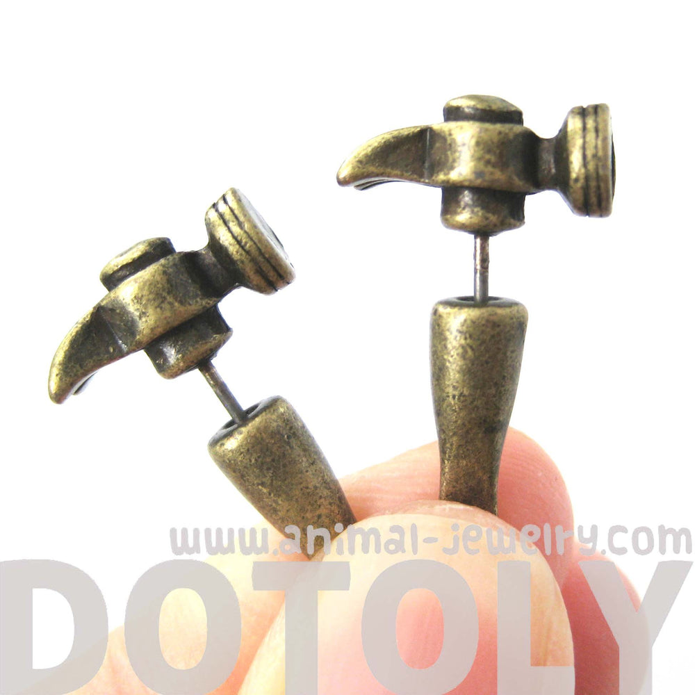 Fake Gauge Earrings: Realistic Hammer Shaped Faux Plug Stud Earrings in Bronze | DOTOLY