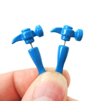 Fake Gauge Earrings: Realistic Hammer Shaped Front and Back Stud Earrings in Blue | DOTOLY