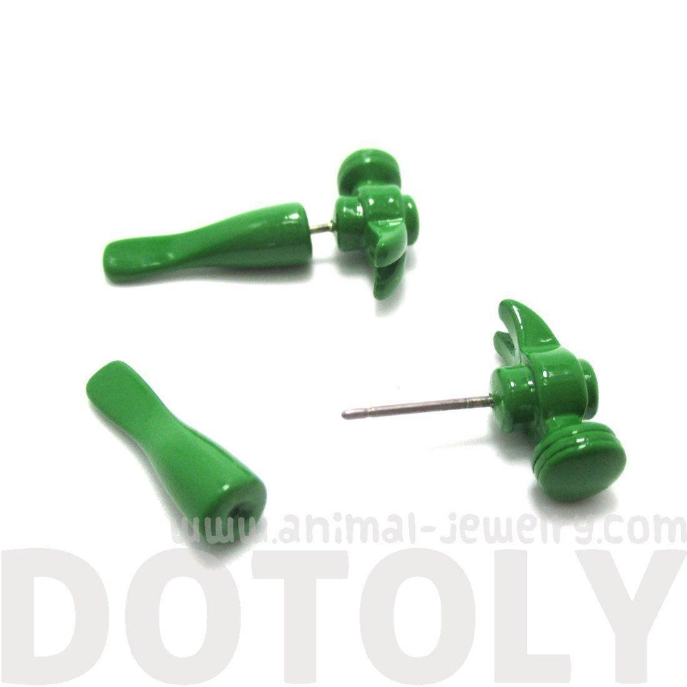 Fake Gauge Earrings: Realistic Hammer Shaped Front and Back Stud Earrings in Green | DOTOLY
