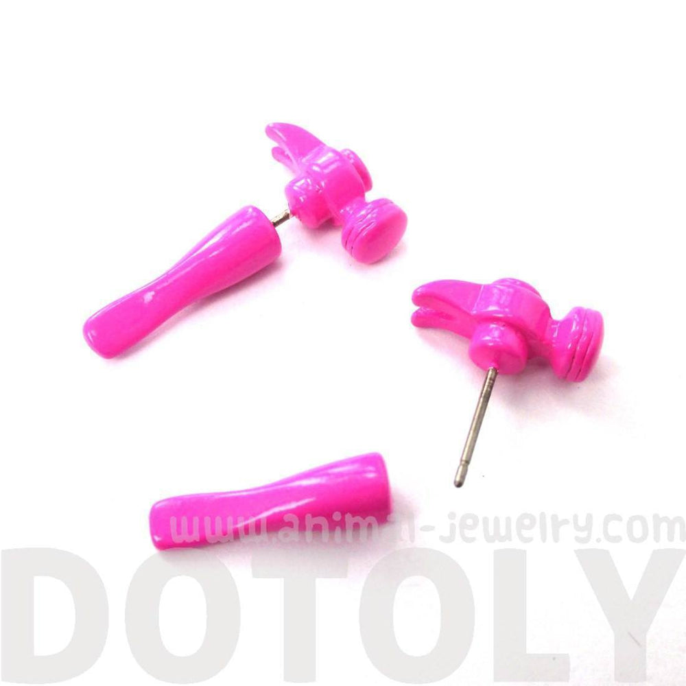Fake Gauge Earrings: Realistic Hammer Shaped Front and Back Stud Earrings in Pink | DOTOLY