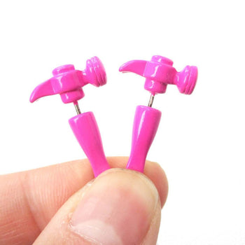 Fake Gauge Earrings: Realistic Hammer Shaped Front and Back Stud Earrings in Pink | DOTOLY