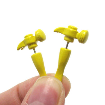 Fake Gauge Earrings: Realistic Hammer Shaped Front and Back Stud Earrings in Yellow | DOTOLY