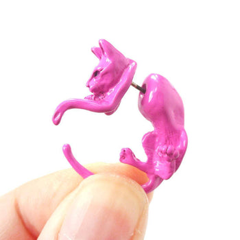 Fake Gauge Earrings: Realistic Kitty Cat Pet Animal Shaped Plug Stud Earrings in Pink | DOTOLY