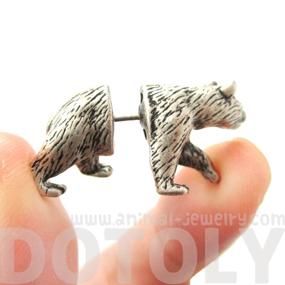 Fake Gauge Earrings: Realistic Polar Bear Shaped Animal Themed Faux Plug Stud Earrings in Silver | DOTOLY