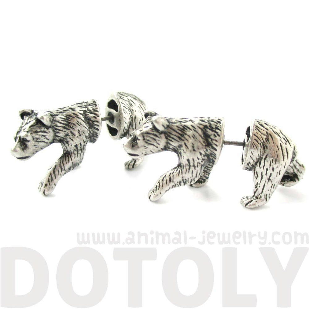 Fake Gauge Earrings: Realistic Polar Bear Shaped Animal Themed Faux Plug Stud Earrings in Silver | DOTOLY