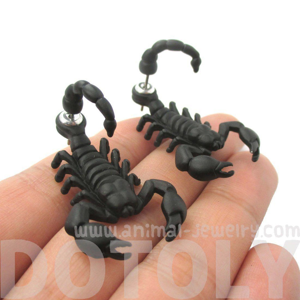 Fake Gauge Earrings: Realistic Scorpion Bug Shaped Front and Back Stud Earrings in Black | DOTOLY