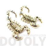 Fake Gauge Earrings: Realistic Scorpion Bug Shaped Front and Back Stud Earrings in Shiny Gold | DOTOLY