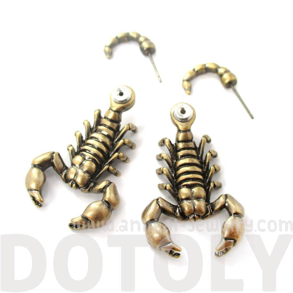Fake Gauge Earrings: Realistic Scorpion Insect Bug Shaped Front and Back Stud Earrings in Brass | DOTOLY