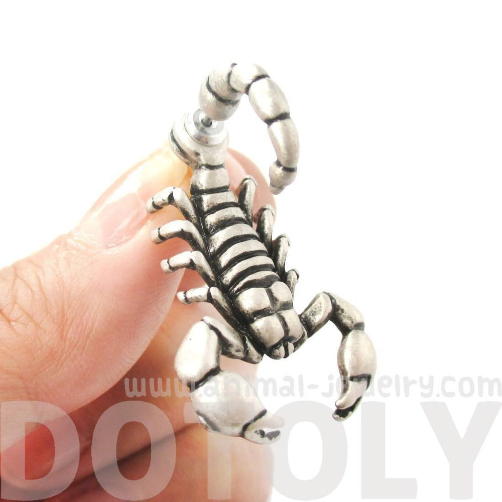 Fake Gauge Earrings: Realistic Scorpion Insect Bug Shaped Front and Back Stud Earrings in Silver | DOTOLY