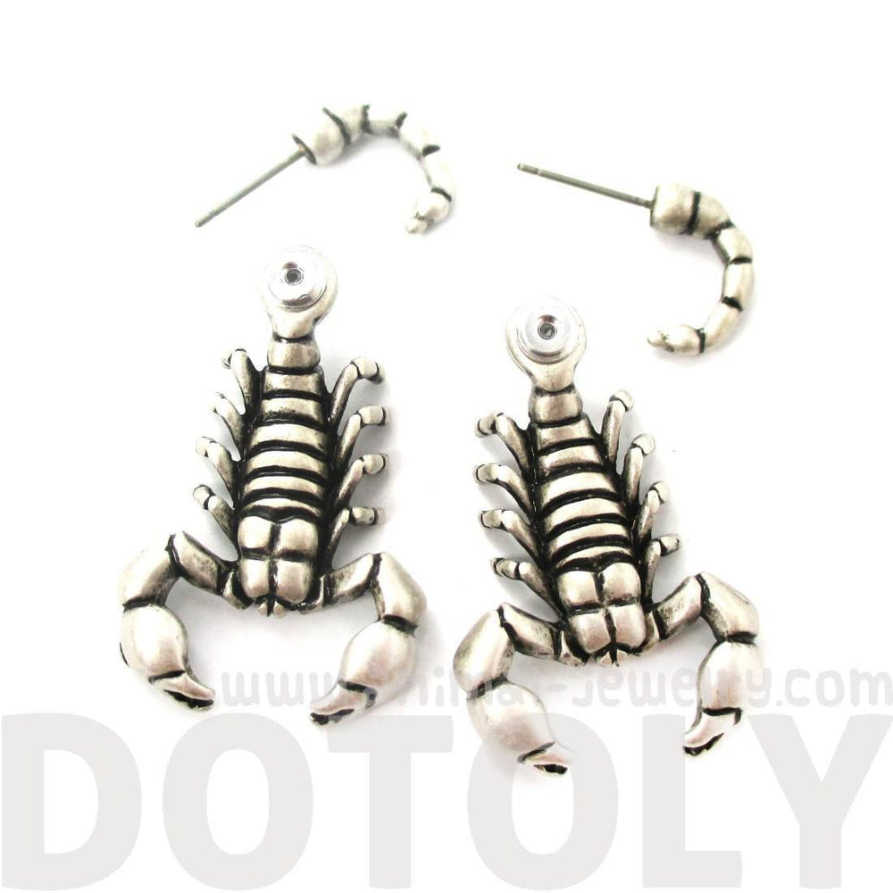 Fake Gauge Earrings: Realistic Scorpion Insect Bug Shaped Front and Back Stud Earrings in Silver | DOTOLY