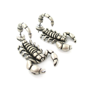 Fake Gauge Earrings: Realistic Scorpion Insect Bug Shaped Front and Back Stud Earrings in Silver | DOTOLY