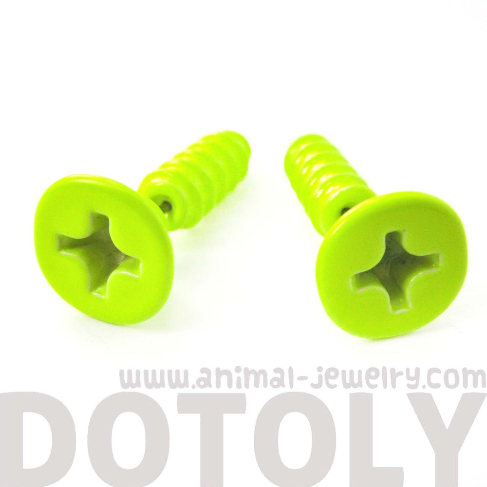 Fake Gauge Earrings: Realistic Screw Shaped Faux Plug Stud Earrings in Neon Yellow | DOTOLY