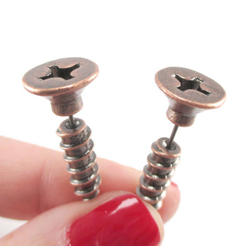 Fake Gauge Earrings: Realistic Screw Shaped Faux Plug Stud Earrings in Copper | DOTOLY