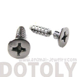 Fake Gauge Earrings: Realistic Screw Shaped Faux Plug Stud Earrings in Gunmetal Silver | DOTOLY