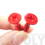 Fake Gauge Earrings: Realistic Screw Shaped Faux Plug Stud Earrings in Red | DOTOLY
