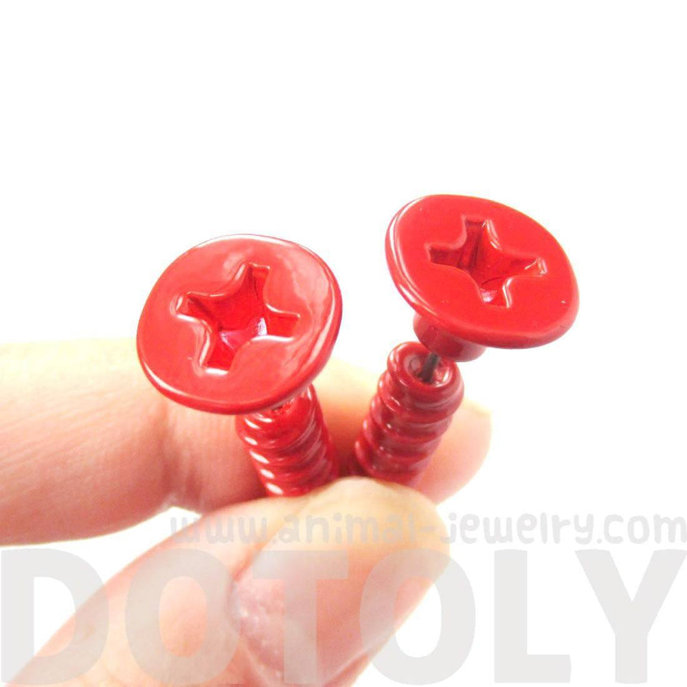 Fake Gauge Earrings: Realistic Screw Shaped Faux Plug Stud Earrings in Red | DOTOLY