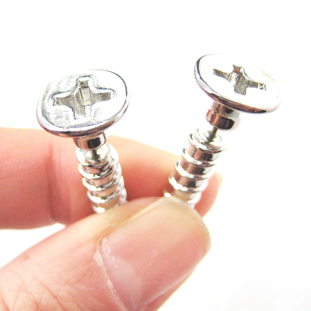 Fake Gauge Earrings: Realistic Screw Shaped Faux Plug Stud Earrings in Shiny Silver | DOTOLY