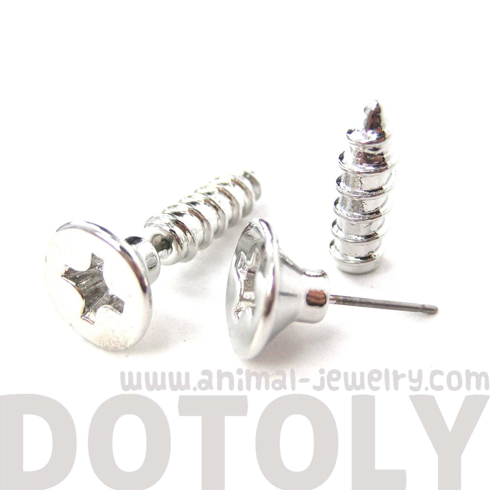 Fake Gauge Earrings: Realistic Screw Shaped Faux Plug Stud Earrings in Shiny Silver | DOTOLY