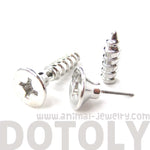 Fake Gauge Earrings: Realistic Screw Shaped Faux Plug Stud Earrings in Shiny Silver | DOTOLY